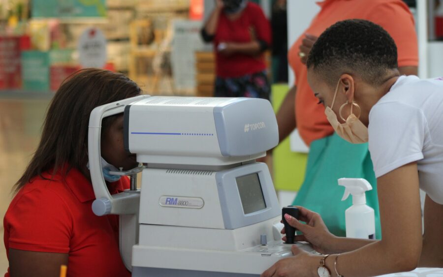 An eye examination with a clinic instrument