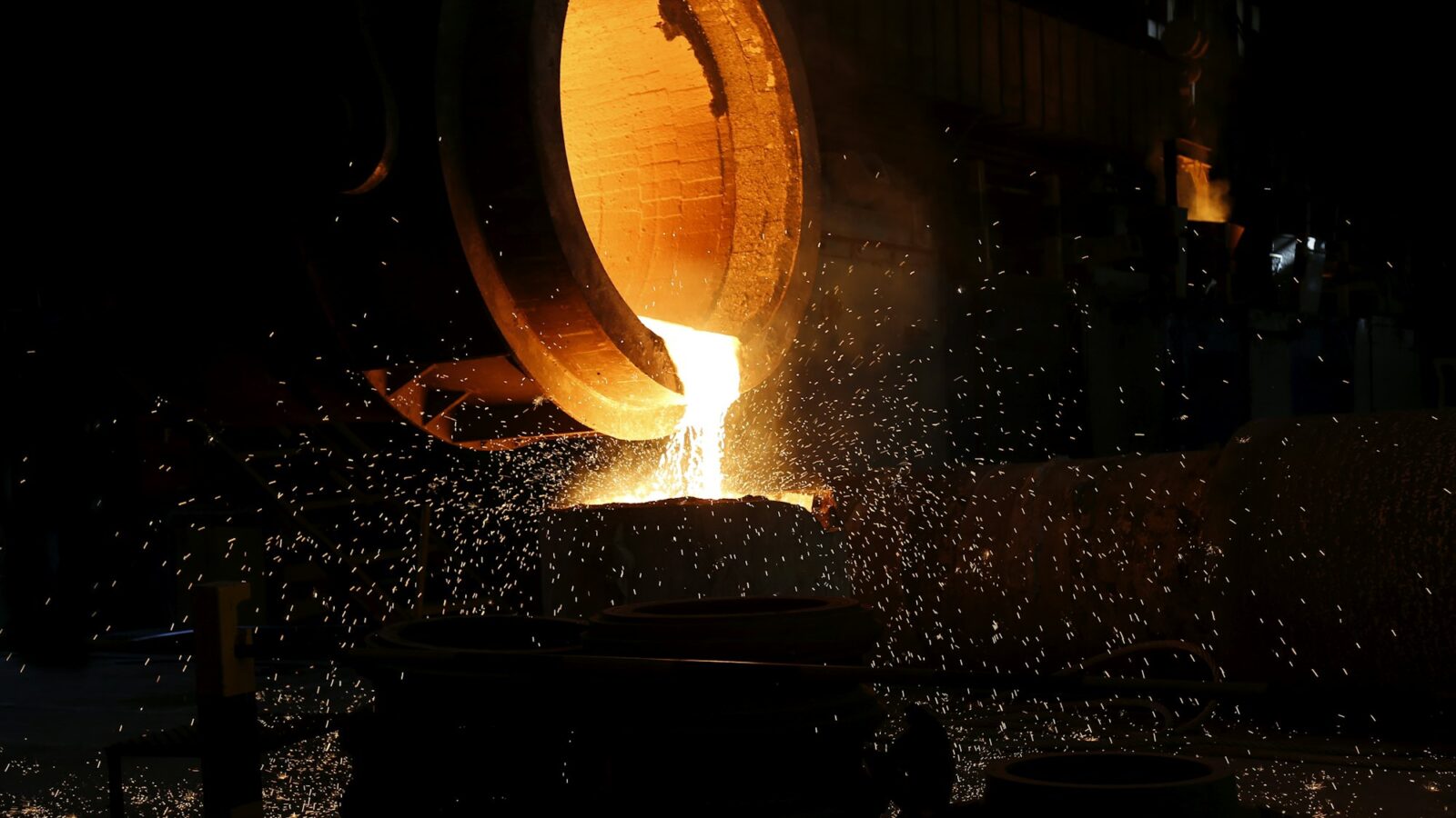 Molten metal being poured in a foundry