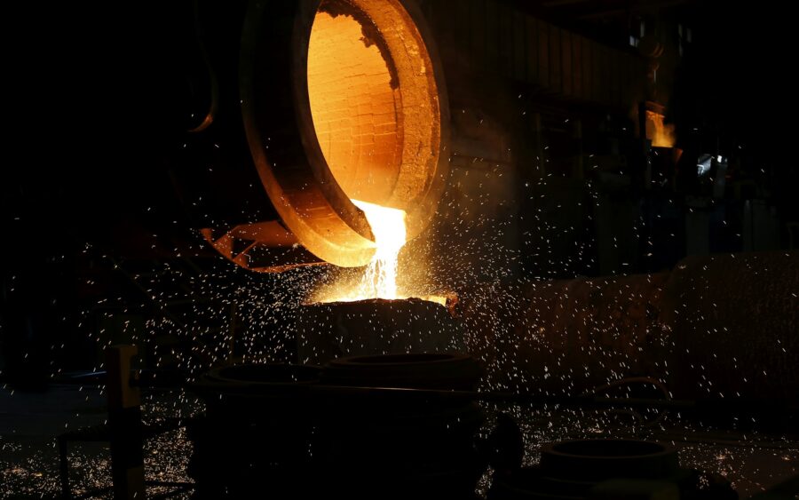 Molten metal being poured in a foundry