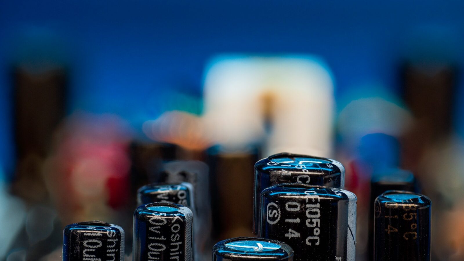 Close-up of capacitors on a circuit board