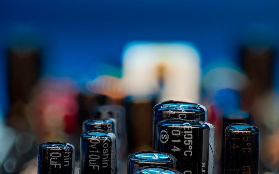 Close-up of capacitors on a circuit board